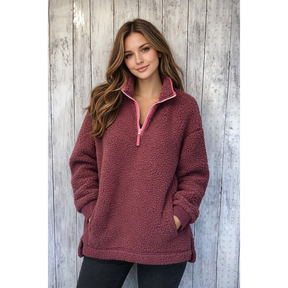 Verve Burgundy Sherpa Fleece Pullover | Cozy Zip-Up Jacket